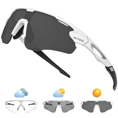 Abbildung von Victgoal Fahrradbrille Herren Selbsttönend Sport Sonnenbrille UV400 Schutz TR90 Rahmen Damen für Radfahren Laufen Angeln Sportbrille (Weiss)