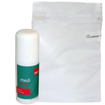 Abbildung von Medi Fix Klebe Lotion für sicheren Halt von Kompressionsstrümpfen inklusive Olanmarp Wäschenetz Hautkleber Haftkleber (1 X 50 ml)