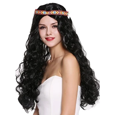 Abbildung von WIG ME UP 91298 ZA103 Perücke Damen Herren Karneval Halloween Blumenkind Hippie 60er 70er lang schwarz wellig Mittelscheitel Stirnband Blume