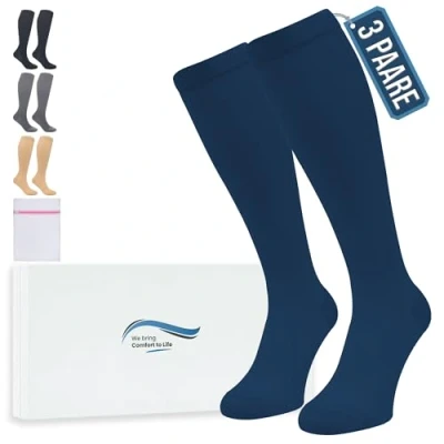 Abbildung von 360 Relief Kompressionsstrümpfe Damen und Herren 3 Paare Kompressionssocken Einfarbig für Sport, Laufen, Flug, Reise, Joggen, Radsport, Kniestrümpfe, L/XL Blau mit Wäschenetz