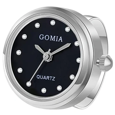 Abbildung von JewelryWe Ringuhr Fingeruhr Damen Herren Analog Quarz Edelstahl Verstellbar Ring Uhr Fingerringuhr Uhrenring mit Schwarz Strass Rundem Zifferblatt Silber