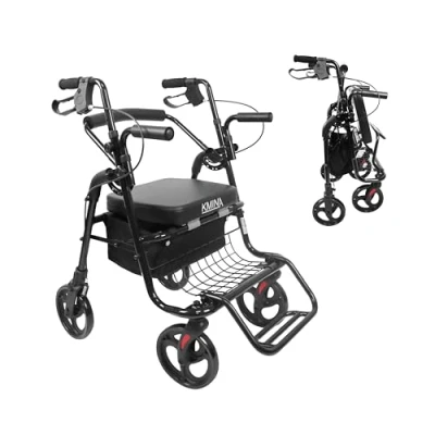 Abbildung von KMINA Rollator Rollstuhl 2 in 1 für Glatte Böden, mit Sitz und Korb, Rollatoren Senioren Faltbar, Rollator, Einem Schwarz