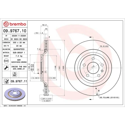 Abbildung von BREMBO COATED DISC LINE 09.9767.11 Bremsscheibe 330 22 5 innenbelüftet beschichtet mit Schrauben AUDI: A6 C6 Allroad, Avant, Saloon