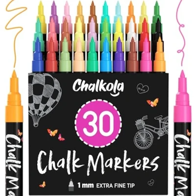 Abbildung von Chalkola 30 Kreidestifte für Tafel &amp; Fenster 1mm inkl. Neon Farben Ideal als Kreidestift, Kreidemarker, Folienstift, Glasmalstifte, Tafelstift Whiteboard Marker, Stift Feucht abwischbar
