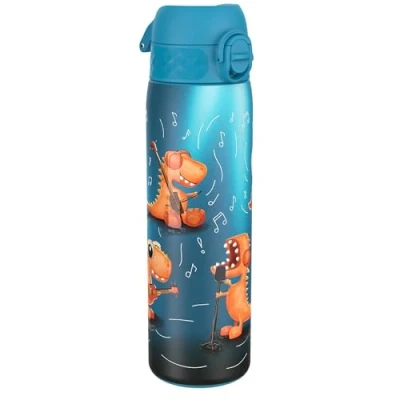 Abbildung von ion8 Stahl Trinkflasche, 600 ml, Auslaufsicher, Einhandöffnung, Sichere Verriegelung, Spülmaschinenfest, Klappdeckel, Tragegriff, Leicht zu Reinigen, Langlebig, Dinosaurier Band Design