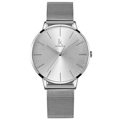 Abbildung von Alienwork Armbanduhr Damen Silber Metall Mesh Armband Edelstahl Ultra flach dünn