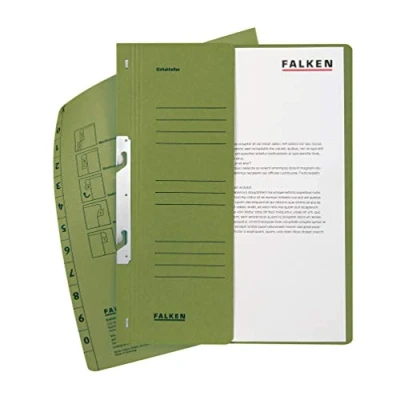 Abbildung von Original Falken 50er Pack Einhakhefter. Made in Germany. Aus Recycling Karton mit halbem Vorderdeckel und kfm. Heftung für DIN A4 grün Hefter Sammelmappe Dokumentenmappe