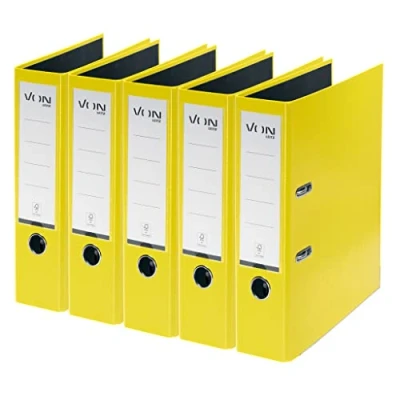 Abbildung von VON Leitz 5er Pack Ordner A4, Karton mit Kunststoffeinband, 80 mm Rückenbreite, Für 600 Blatt, FSC zertifizierter Karton, Schule, Studium &amp; Haushalt, Gelb, 10551015