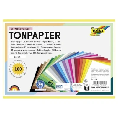 Abbildung von folia 6599 Tonpapier Mix, DIN A5, 130 g/m², 100 Blatt sortiert in 25 Farben, zum Basteln und kreativen Gestalten von Karten, Fensterbildern für Scrapbooking