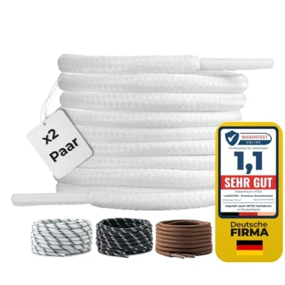 Abbildung von LaceHype 2 Paar Premium Runde Schnürsenkel [ Ø4,5 mm ] Polyester für Arbeitsschuhe, Stiefel, Outdoorschuhe und Sportschuhe reißfeste Schuhbänder (Weiß, 150cm)