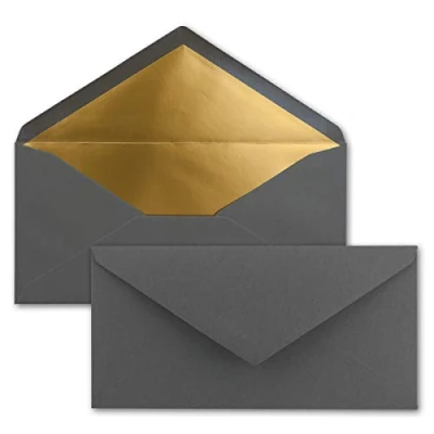 Abbildung von 100 Brief Umschläge DIN Lang Anthrazit Grau mit Gold Metallic Innen Futter 110 x 220 mm Nassklebung festliche Kuverts für Einladungen