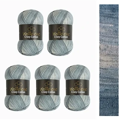 Abbildung von 5 x 100g Wollbiene Crazy Cotton Batik 500 Gramm mit Farbverlauf 55% Baumwolle mehrfarbig Multicolor Strickwolle Häkelwolle Wolle Ganzjahreswolle (6030 grau weiß)