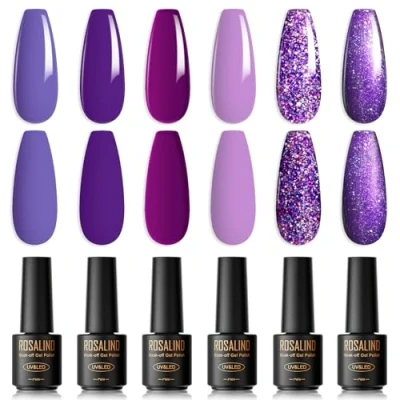 Abbildung von ROSALIND UV Nagellack Lila, 6 Farben Mini Violett Lavendel Hellviolett Wisterienblüte Flieder Glitzernd Traubenpurpur Langlebige Frühling Gelnägel Shellac Soak Off LED Gel lack Nail Polish