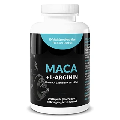 Abbildung von Maca Kapseln 1000 mg + L Arginin 1800 Vitamine Zink, hochdosiert, 2 Monatspackung mit 240 in deutscher Premiumqualität, von EXVital