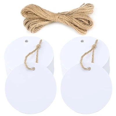 Abbildung von Rund Geschenkanhänger Kraftpapier Etiketten 5,5 cm, 100 Stück Hängeetiketten und Juteschnur, für Handwerk, Hochzeit, Weihnachten, Geschenkverpackung (Weiß)