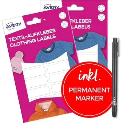 Abbildung von AVERY Zweckform ETVET36XPEN Set Namensaufkleber wasserfest für Kleidung 72 Stück (13x45mm, Vinyl Folie, selbstklebende Textil Etiketten, beschriftbare Textilaufkleber Waschmaschine, Trockner) weiß