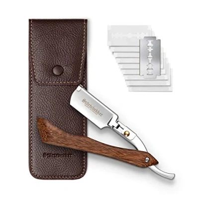 Abbildung von Störtebekker® Premium Rasiermesser mit Holzgriff im handgefertigten Lederetui (Schwarz) inkl. Alaunstift &amp; Rasurguide [+ 10 Klingen] Geschenkidee Set Nassrasierer Rasierset