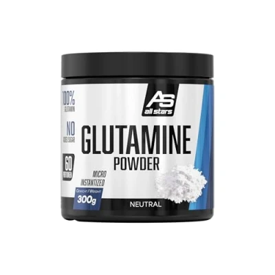Abbildung von All Stars Glutamin Pulver I 300g Glutamine Powder hochdosiert 5000mg reines L pro Portion Supplement mit Whey Peptid &amp; ohne Koffein Fett Aminosäuren gut löslich
