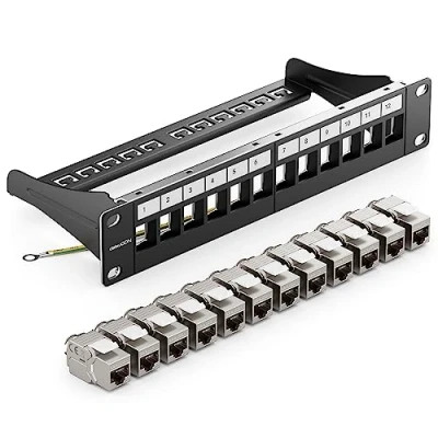 Abbildung von deleyCON 12 Port CAT7 Patchpanel SET Patchfeld Verteilerfeld Modular 1 HE 10&quot; Zoll Rackeinbau + 12x CAT 7 Keystone Module RJ45 LAN Netzwerk 10 Gbit/s 600 MHz Verlegekabel Schwarz