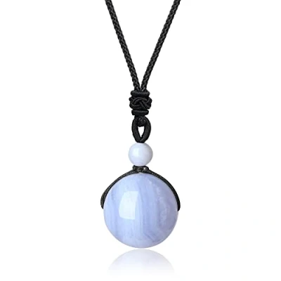 Abbildung von COAI Geschenkideen Glückskette aus Chalcedon Blau mit Verstellbarer Nylonschnur Halskette Perle Anhänger für Damen und Herren