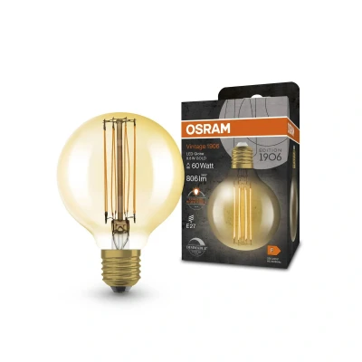 Abbildung von OSRAM Vintage 1906 LED Lampe mit Gold Tönung, 8,8W, 806lm, Kugel Form 80mm Durchmesser &amp; E27 Sockel, warmweiße Lichtfarbe, gerades Filament, dimmbar, bis zu 15.000 Stunden Lebensdauer