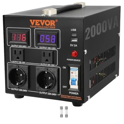 Abbildung von VEVOR 2000W Spannungswandler Transformator AC 110V⇋220V Transformer Wandler 2X US NEMA 5 15R 3 polige/2x standardmäßige europäische Shucko Ausgangssteckdosen, 1x 5V USB Anschluss, Typ C Buchse