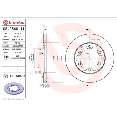 Abbildung von BREMBO 08.C540.11 Bremsscheibe 308 18 6 voll beschichtet FORD: Transit V363 Van, Mk6 Minibus, Minibus