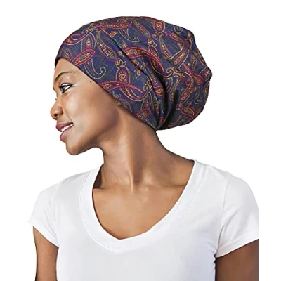 Abbildung von FocusCare mit Satin gefütterte Schlafmütze für Damen krausem, lockigem Haar, Schwarz/Gelb gestreift