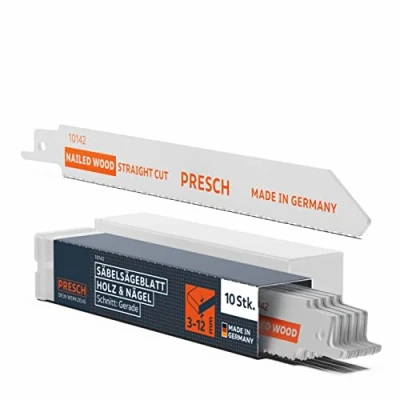 Abbildung von Presch Säbelsägeblätter Universal Holz und Nägel 130mm 10 Stk. 8% Cobalt Sägeblätter für Altbausarnierung Palettenbau Universalschaft Reciprosäge Set inkl. Box