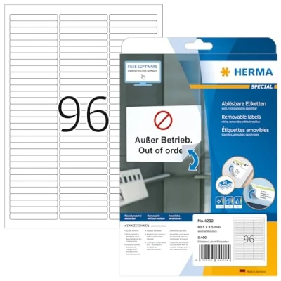 Abbildung von HERMA 4202 Universal Etiketten ablösbar, 25 Blatt, 63,5 x 8,5 mm, 96 pro A4 Bogen, 2400 Stück, selbstklebend, bedruckbar, matt, blanko Papier Klebeetiketten Aufkleber, weiß