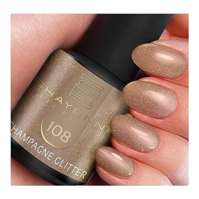 Abbildung von SHAYENNE MADE in GERMANY Shellac Gel Nagellack 15 ml für UV LED Lampe 108 Champagne Glitter Glitzer Gold Nail Polish for Lamp