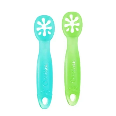 Abbildung von ChooMee FlexiDip Baby Starter Spoon Platinum Silicone First Stage Teething Friendly Learning Utensil 2 CT Aqua Green