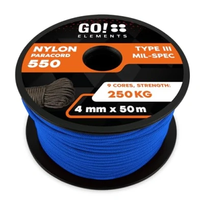 Abbildung von GO!elements 50m Paracord Seil aus reißfester Nylonschnur 4mm 550 Typ III Schnur Allzweckseil &amp; Reepschnur Max. 250kg, Farbe:Blau