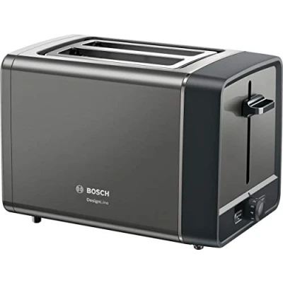 Abbildung von Bosch Kompakt Toaster DesignLine TAT5P425DE, integrierter Edelstahl Brötchenaufsatz, mit Abschaltautomatik, Auftaufunktion, perfekt für 2 Scheiben Toast, Liftfunktion, breit, 970 W, grau