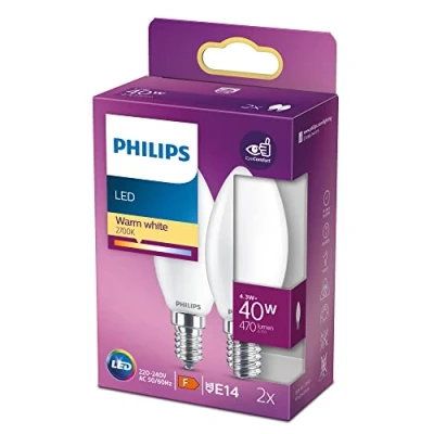 Abbildung von Philips LED Classic E14 Lampe, 40 W, Kerzenform, matt, warmweiß, 2er Pack