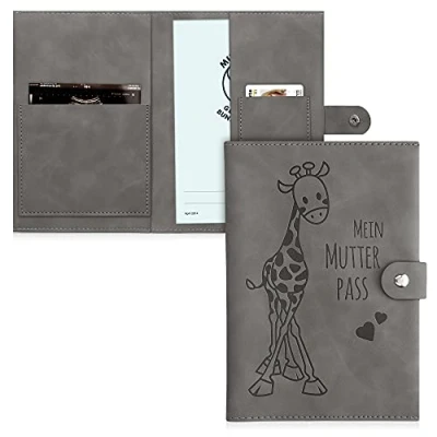 Abbildung von kwmobile Mutterpasshülle aus Kunstleder in Nubuklederoptik Hülle für deutschen Mutterpass mit extra Fächern Cover Giraffe Grau