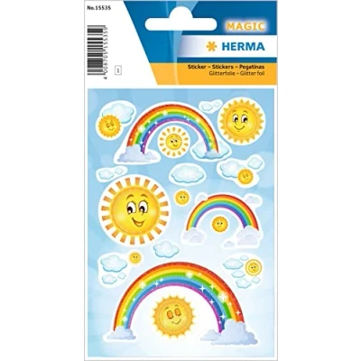 Abbildung von HERMA 15535 Aufkleber Regenbogen Glitzer klein groß, 15 Stück, Sommer Sticker mit Sonne Wolken Rainbow Motiv, Kinder Etiketten für Fotoalbum Tagebuch Poesiealbum Scrapbooking Geburtstag Deko Briefe