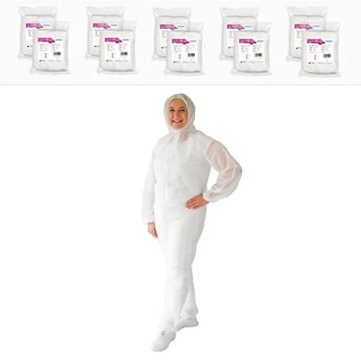 Abbildung von ARNOMED PP Schutzanzug Einweg Weiß, 10x Ganzkörperanzug Gr L (130x171cm), Lackier &amp; Maleranzug mit Kapuze, weiße Arbeits Overalls für Herren/Damen, latexfreie Schutzkleidung, Einweganzug