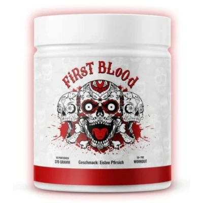 Abbildung von FIRST BLOOD Pre Workout Fitness Booster mit L Arginin + Citrullin Beta Alanin Koffein 370g Einstiegs Eistee Peach Geschmack