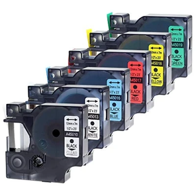 Abbildung von Wonfoucs kompatible Band für Dymo D1 12mm als Ersatz Etikettenband 45013 45010 45016 45017 45018 45019 LabelManager 160 210D 280 420P, Transparent/Weiß/Gelb/Rot/Grün/Blau
