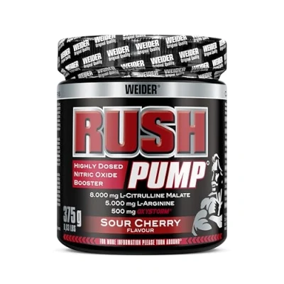 Abbildung von WEIDER RUSH Pump Pre Workout Booster ohne Koffein, hochdosiert mit L Citrullin, Arginin und Oxystorm, Aminosäuren Komplex, Sauerkirsch Geschmack, 375 g