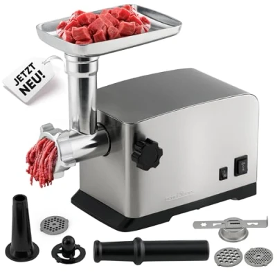 Abbildung von ProfiCook Fleischwolf 1200W mit Aufsatz für Plätzchen/Spritzgebäck elektrisch 3 Metall Lochscheiben Vor und Rücklauf inkl. Wurstfüller Hals u. Schnecke PC FW 1272