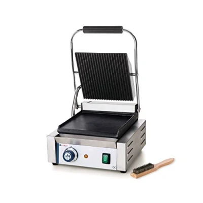 Abbildung von HENDI Kontaktgrill, Einzelversion, Elektrogrill, Tischgrill, Sandwichtoaster, Regelbar bis max. 300C, Oberseite (H)530mm, Grillfläche 220x230mm, 230V/1800W, 310x400x(H)210mm, Edelstahl