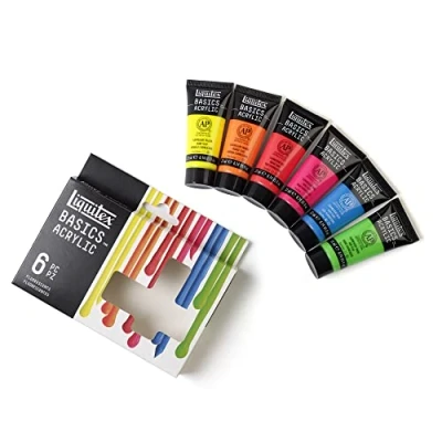 Abbildung von Liquitex 3699400 Basics Acrylfarbe, monopigmentierte Künstlerpigmente, lichtecht, mittlere Viskosität, Archivqualität, seidenglänzender Finish 6 Farben a 22ml Tuben Fluoreszent (6er Pack)