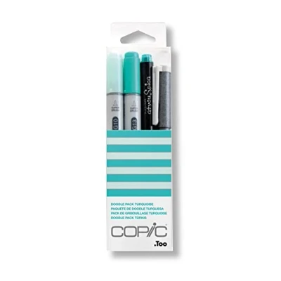 Abbildung von COPIC Ciao Set &quot;Doodle Pack Turquoise&quot;, 4er mit 2 Twin Marker einer mittelbreiten und Brush Spitze inkl. Multiliner Glitter Pen