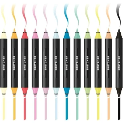 Abbildung von Molotow Sketcher Twinmarker Main Kit 2 (Brush Tip &amp; 3mm Keilspitze, farbintensive Aqua Pro Tinte, schnelltrocknend, für die Anwendung auf Papier) 12 Stifte mehrfarbig