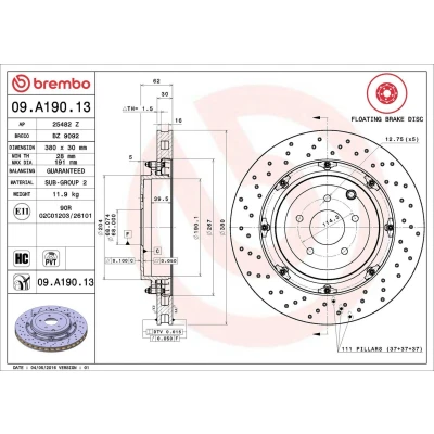Abbildung von BREMBO TWO PIECE FLOATING DISCS LINE 09.A190.13 Bremsscheibe 380 30 5 gelocht/innenbel., Verbundbremsscheibe beschichtet hochgekohlt