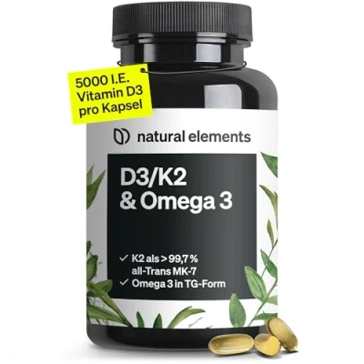 Abbildung von Vitamin D3 + K2 Omega 3 Premium K2VITAL® von Kappa 99,7+% All Trans in Triglycerid Form und bioverfügbares Deutschland produziert &amp; laborgeprüft
