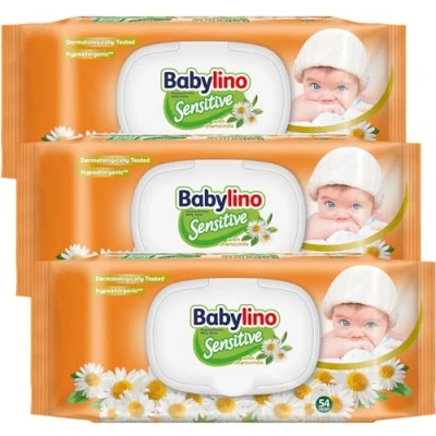 Abbildung von Babylino Sensitive Baby Tücher mit sanftem Kamille Duft, 98% natürliche Formel, die den pH Wert der Haut wiederherstellt, 3 Packungen Frischeverschluss, 162