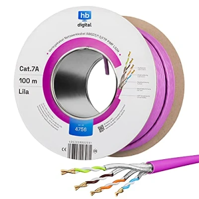 Abbildung von HB DIGITAL 100m CAT.7a Netzwerkkabel LAN Kabel Verlegekabel AWG 23 Reines Kupfer S/FTP PiMF LSZH Halogenfrei RoHS Compliant Ethernet Installationskabel Datenkabel PoE 10Gbit/s max. 1200MHz Lila